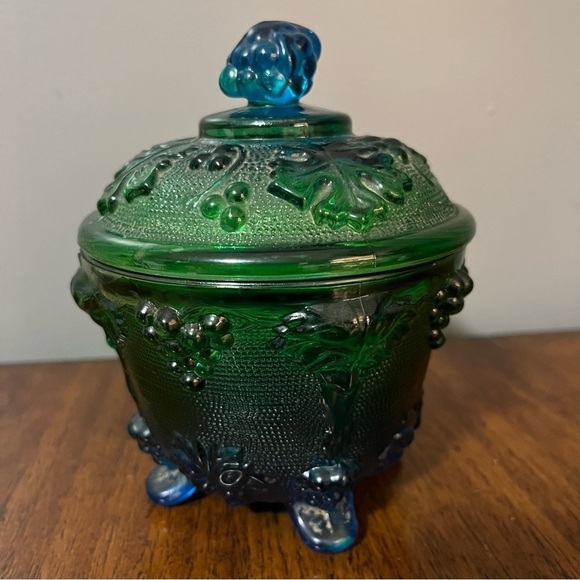 MCM Jeanette Blue Green Footed Covered Candy Bowl Grapes Motif - Picture 2 of 12